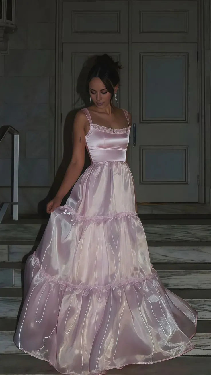 TingPo Wholesale Stylish A Line Spaghetti Straps Pink Long Prom Dress with Lace